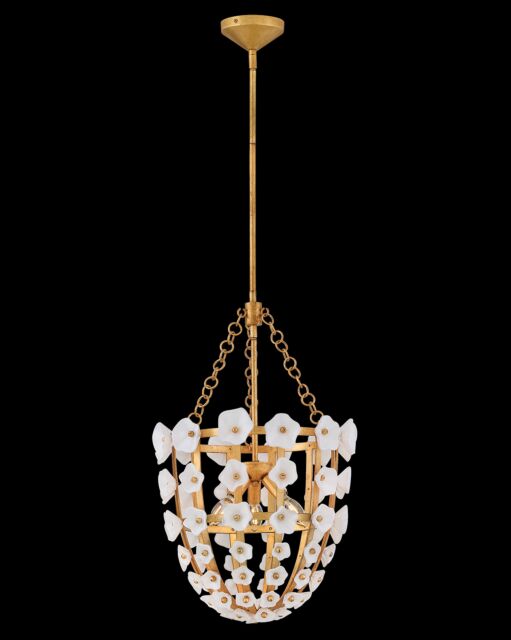 Azalea Large Pendant Light by Fredrick Ramond - Distressed Brass with Glass Blossoms, Dimmable, 3 Lights