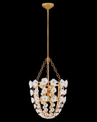 Azalea Large Pendant Light by Fredrick Ramond - Distressed Brass with Glass Blossoms, Dimmable, 3 Lights