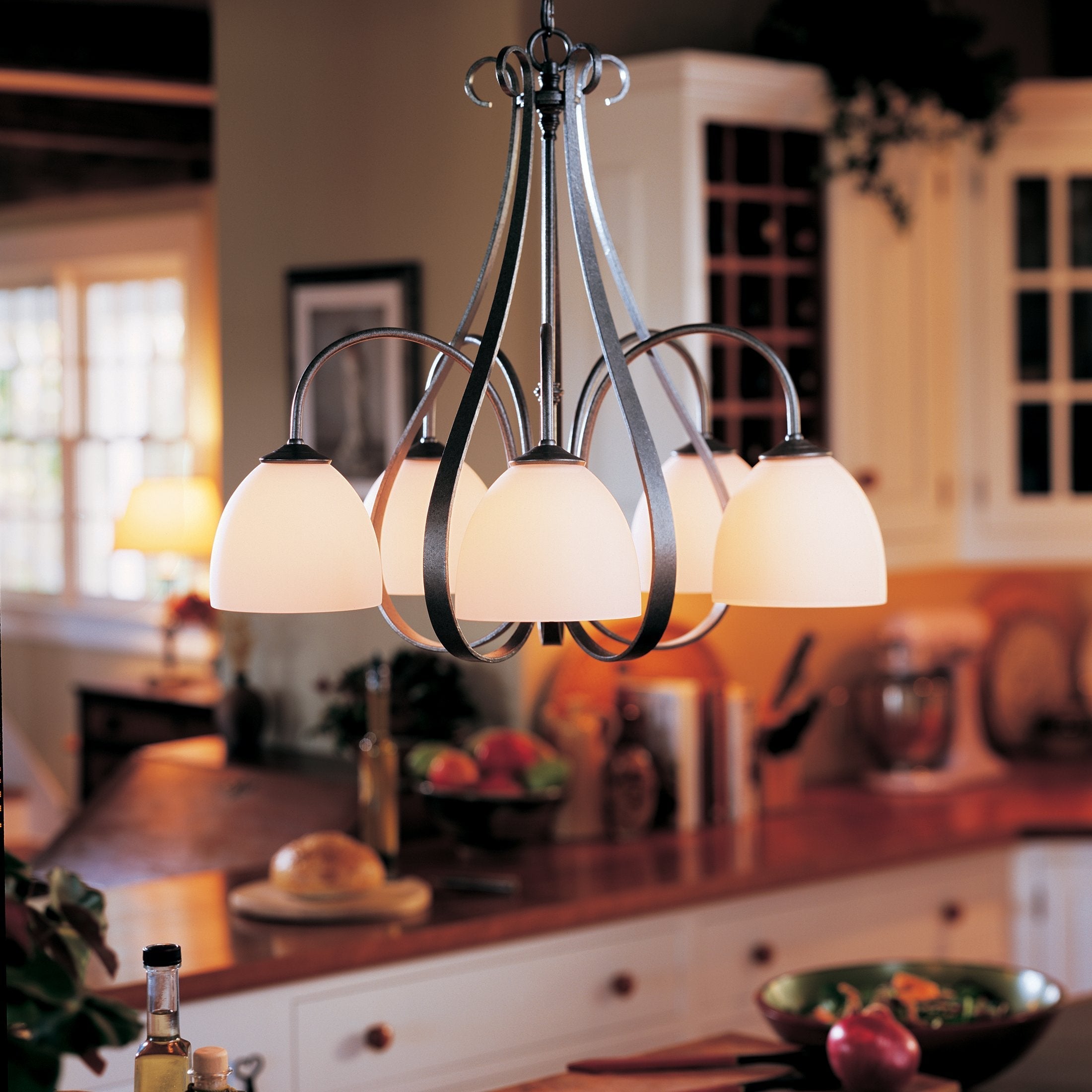 Hubbardton Forge 5 Arm Chandelier with Hand-Shaped Steel Ribbons and Bell-Shaped Glass Downlights