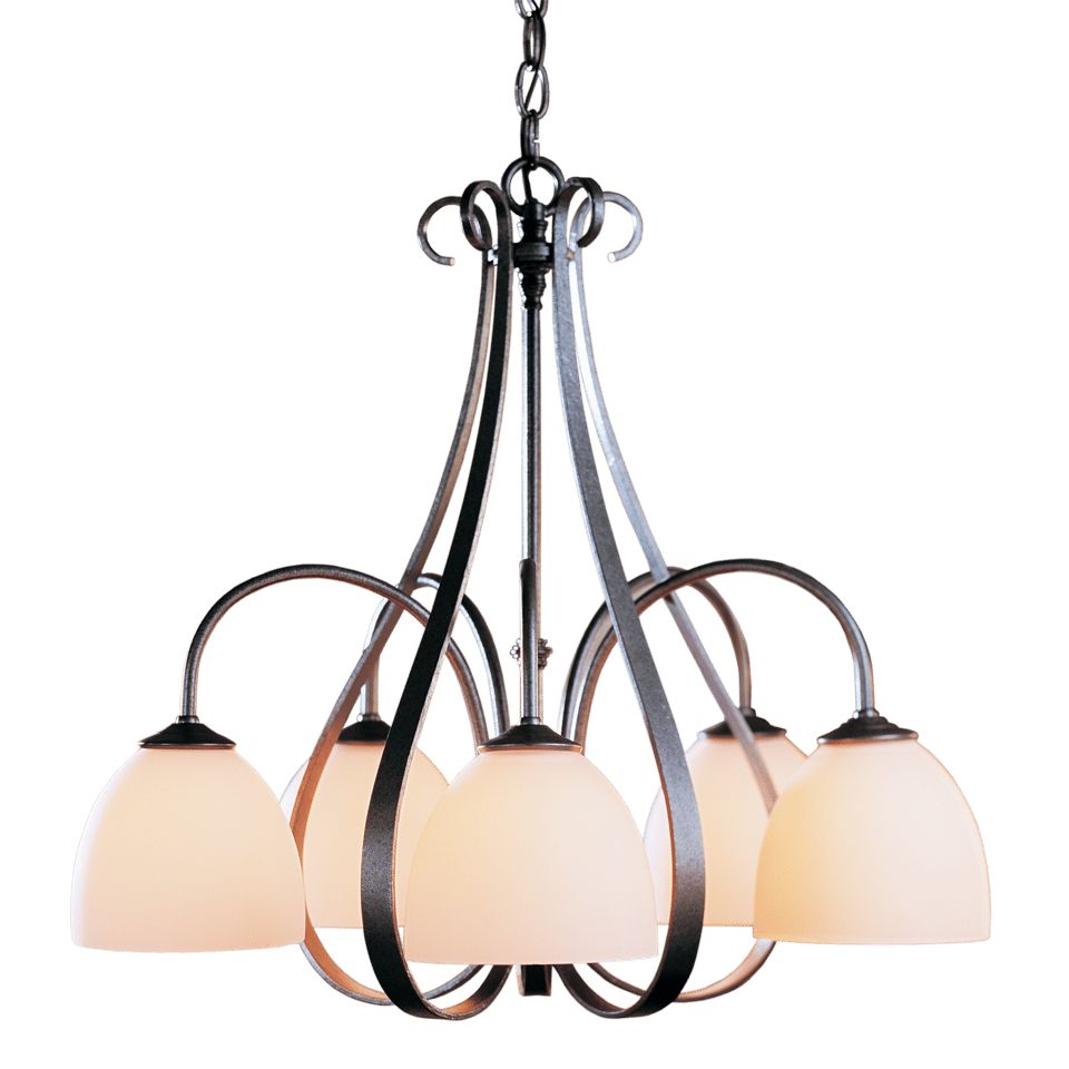 Hubbardton Forge 5 Arm Chandelier with Hand-Shaped Steel Ribbons and Bell-Shaped Glass Downlights