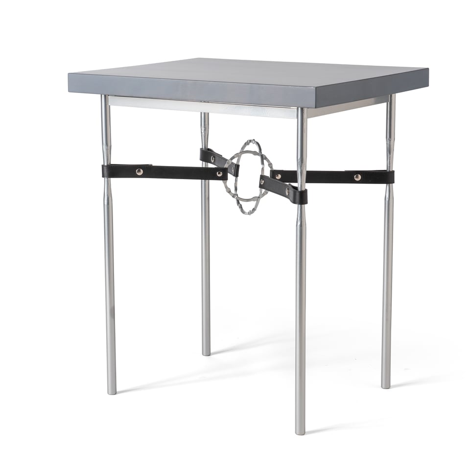 Hubbardton Forge Equus Wood Top Side Table with Leather Strapping and Hand-Forged Steel Rings