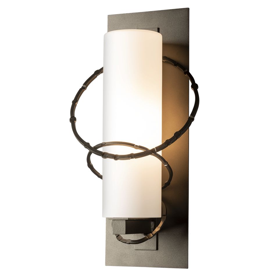 Hubbardton Forge-Olympus Small Outdoor Sconce With Hand-Hammered Metal Rings and Vertical Glass Cylinder