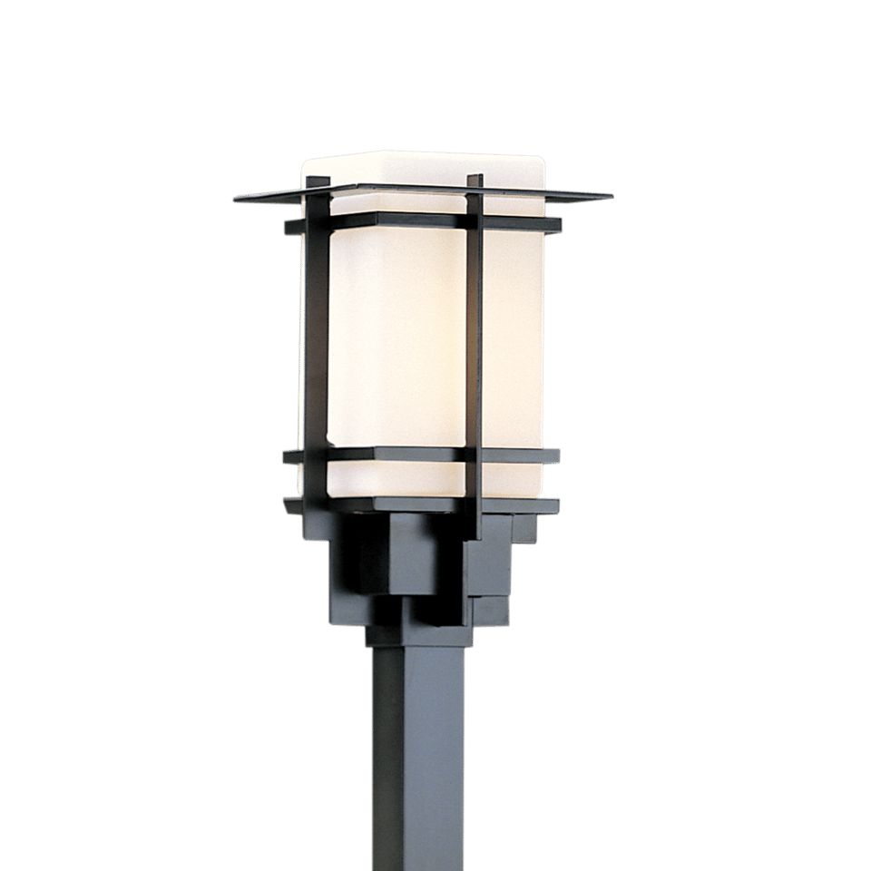 Hubbardton Forge Tourou Outdoor Post Light Inspired by Japanese Lanterns with Metal Bands and Glass Tube