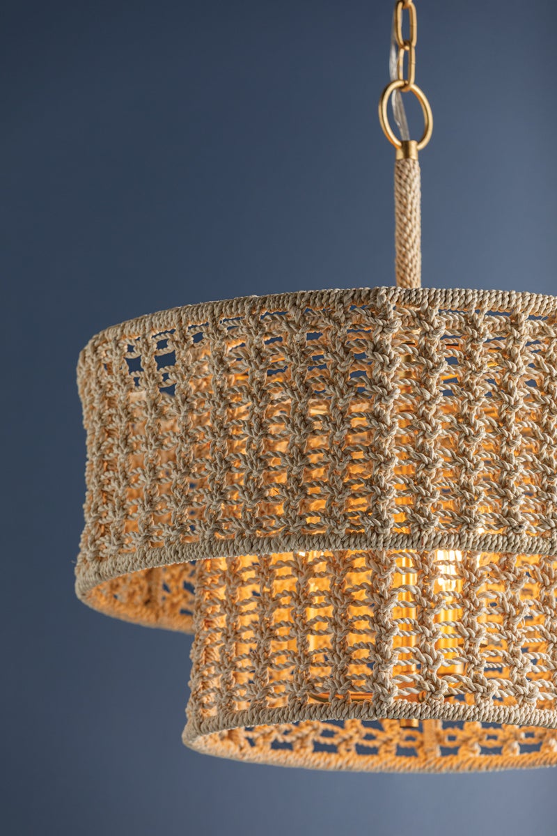 Hudson Valley Lighting Yorkhill Pendant Light - Bohemian Macramé Design with Two-Tier Drum Shades and Vintage Gold Leaf Finish