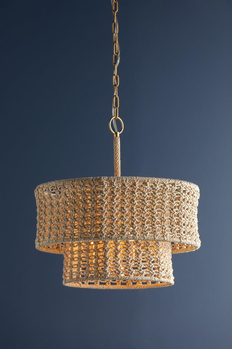 Hudson Valley Lighting Yorkhill Pendant Light - Bohemian Macramé Design with Two-Tier Drum Shades and Vintage Gold Leaf Finish