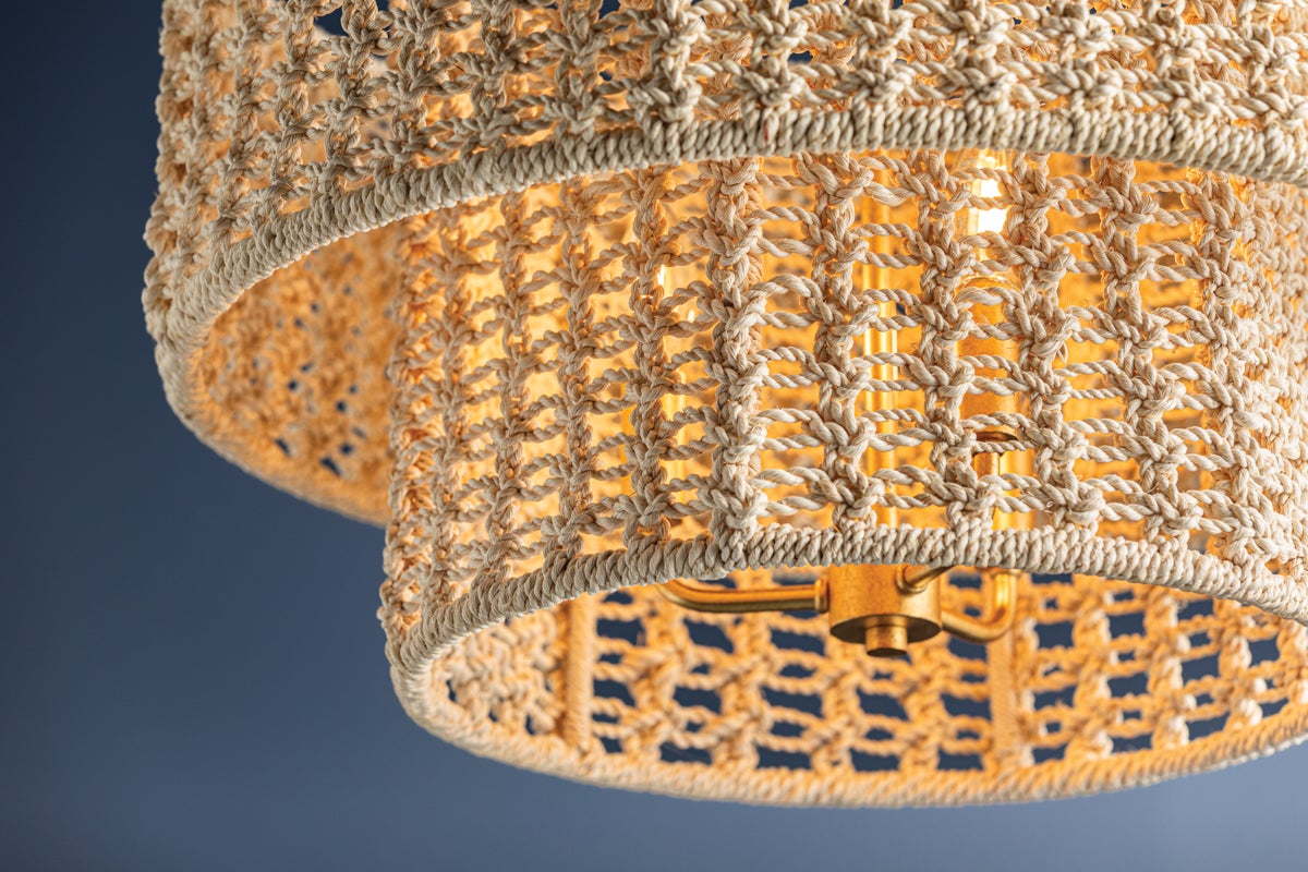 Hudson Valley Lighting Yorkhill Pendant Light - Bohemian Macramé Design with Two-Tier Drum Shades and Vintage Gold Leaf Finish