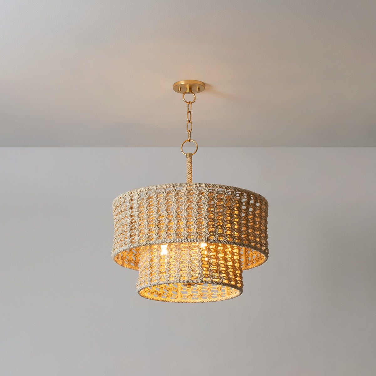 Hudson Valley Lighting Yorkhill Pendant Light - Bohemian Macramé Design with Two-Tier Drum Shades and Vintage Gold Leaf Finish