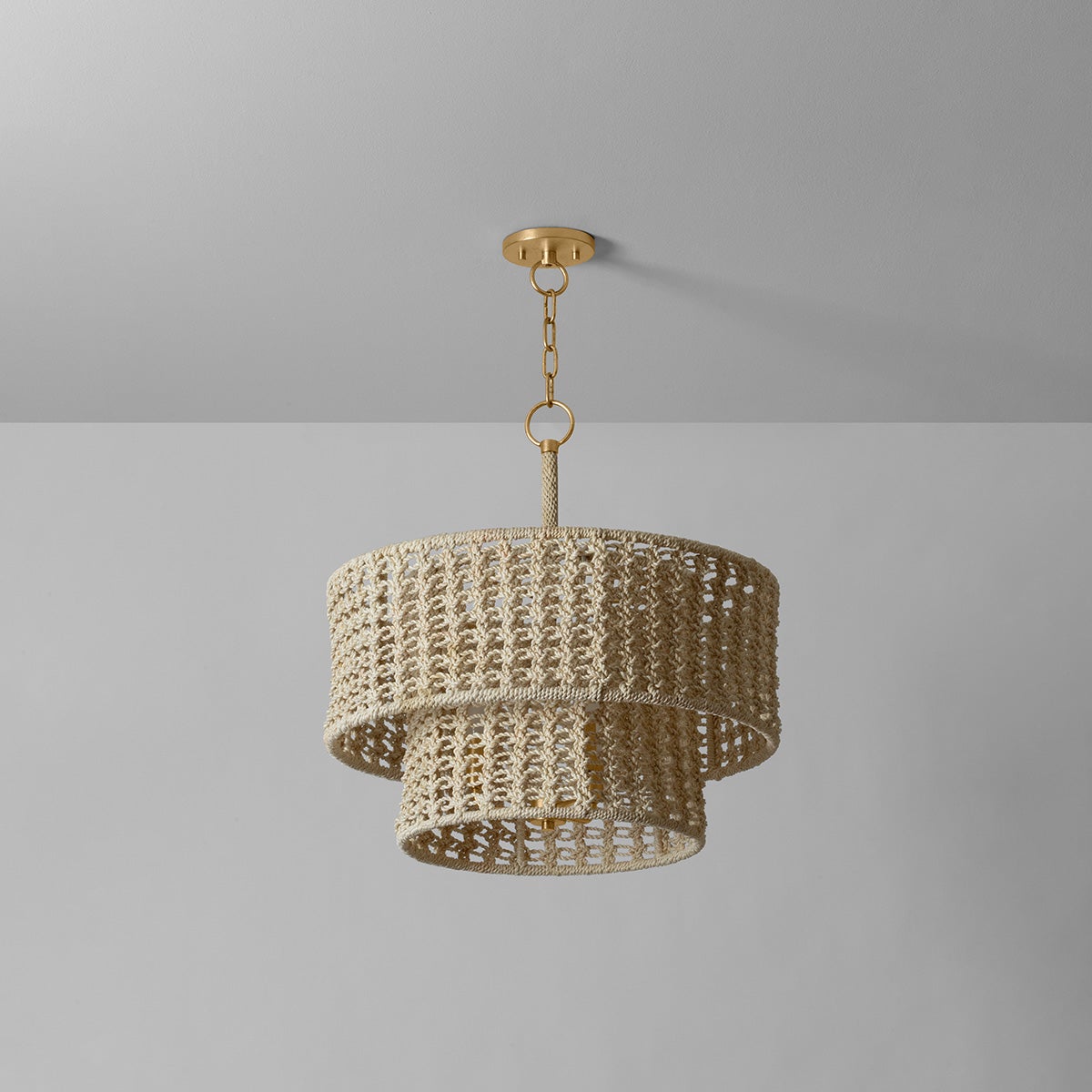 Hudson Valley Lighting Yorkhill Pendant Light - Bohemian Macramé Design with Two-Tier Drum Shades and Vintage Gold Leaf Finish