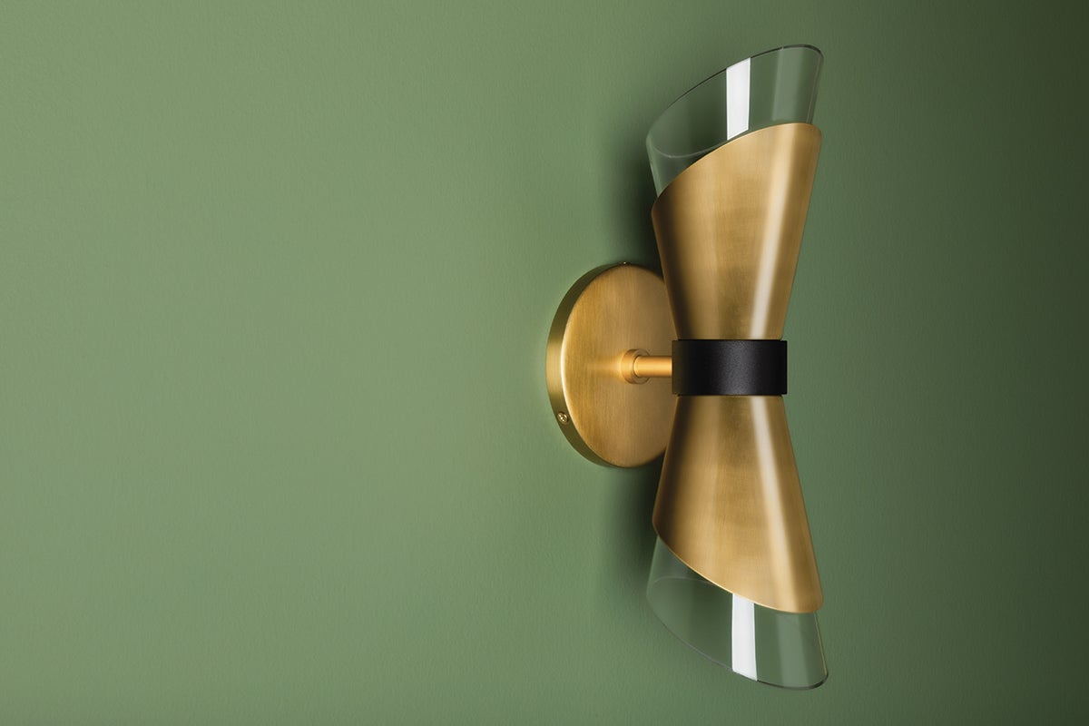 Mitzi 2-Light Angie Sconce with Asymmetrical Glass Shade in Aged Brass or Polished Nickel Finishes