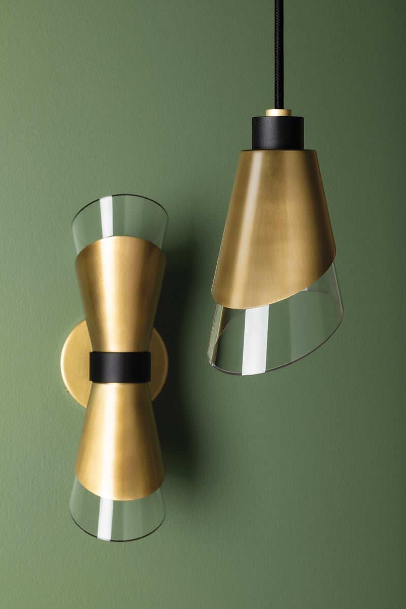 Mitzi 2-Light Angie Sconce with Asymmetrical Glass Shade in Aged Brass or Polished Nickel Finishes