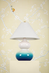 Mitzi-Aimee Table Lamp - Hourglass Blue Ombre Ceramic Base with White Linen Shade and Aged Brass Finial