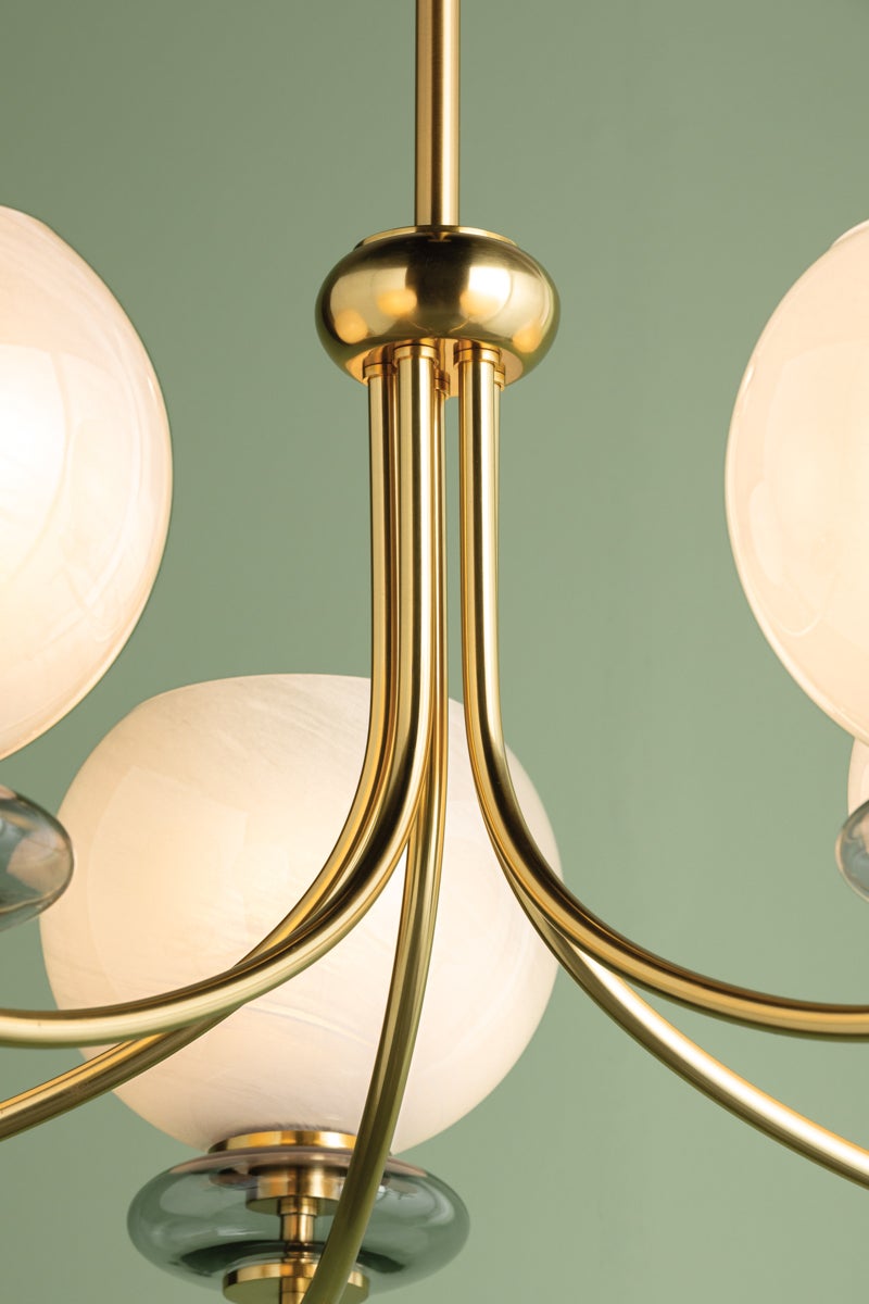 Mitzi Alexia Chandelier with Large Cloud Glass Orbs and Iridescent Glass Bubble in Aged Brass