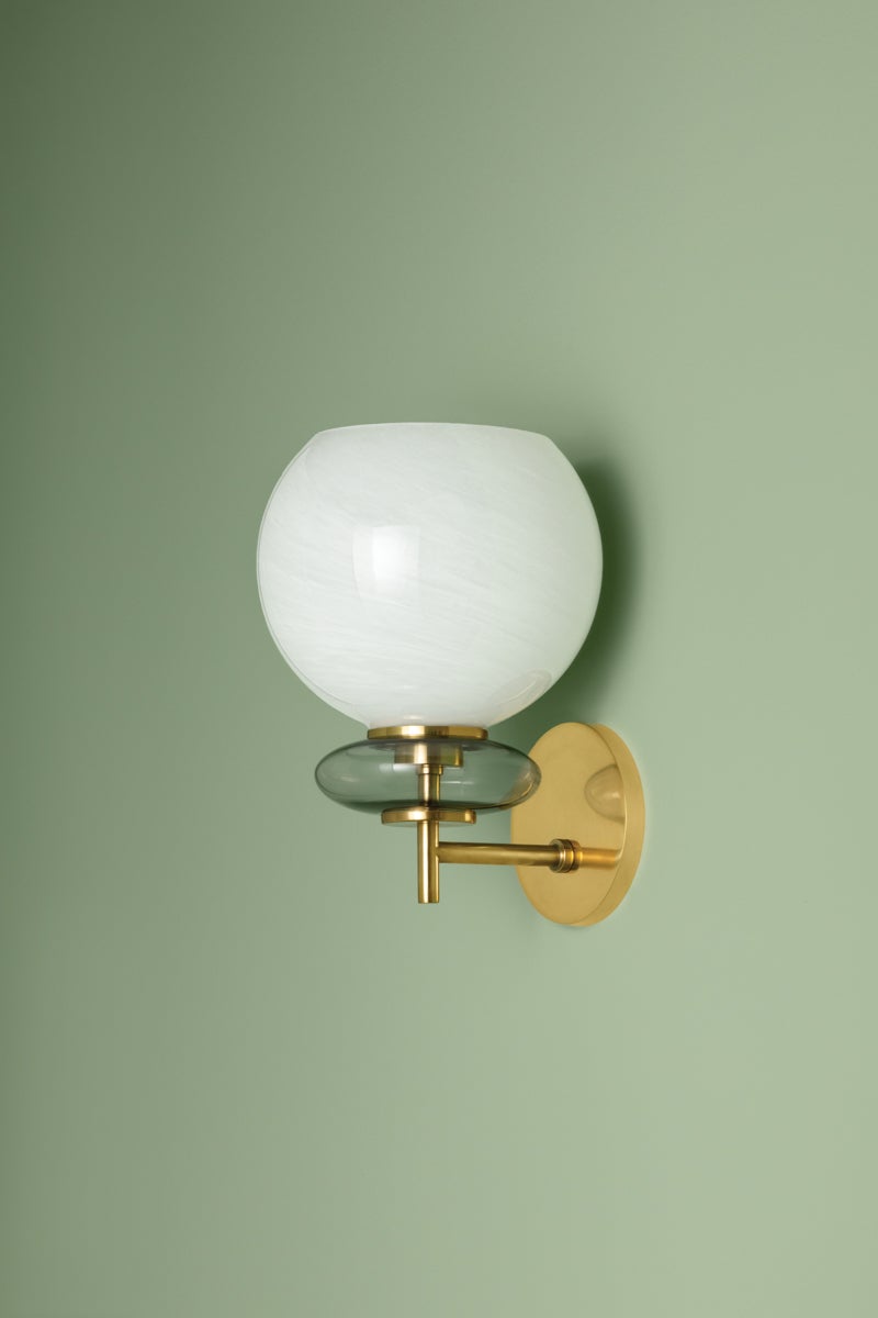 Mitzi Alexia Wall Sconce With Cloud Glass Orb And Iridescent Bubble In Lustrous Aged Brass Finish