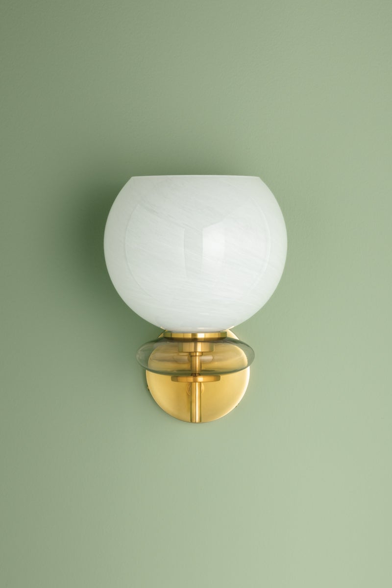 Mitzi Alexia Wall Sconce With Cloud Glass Orb And Iridescent Bubble In Lustrous Aged Brass Finish