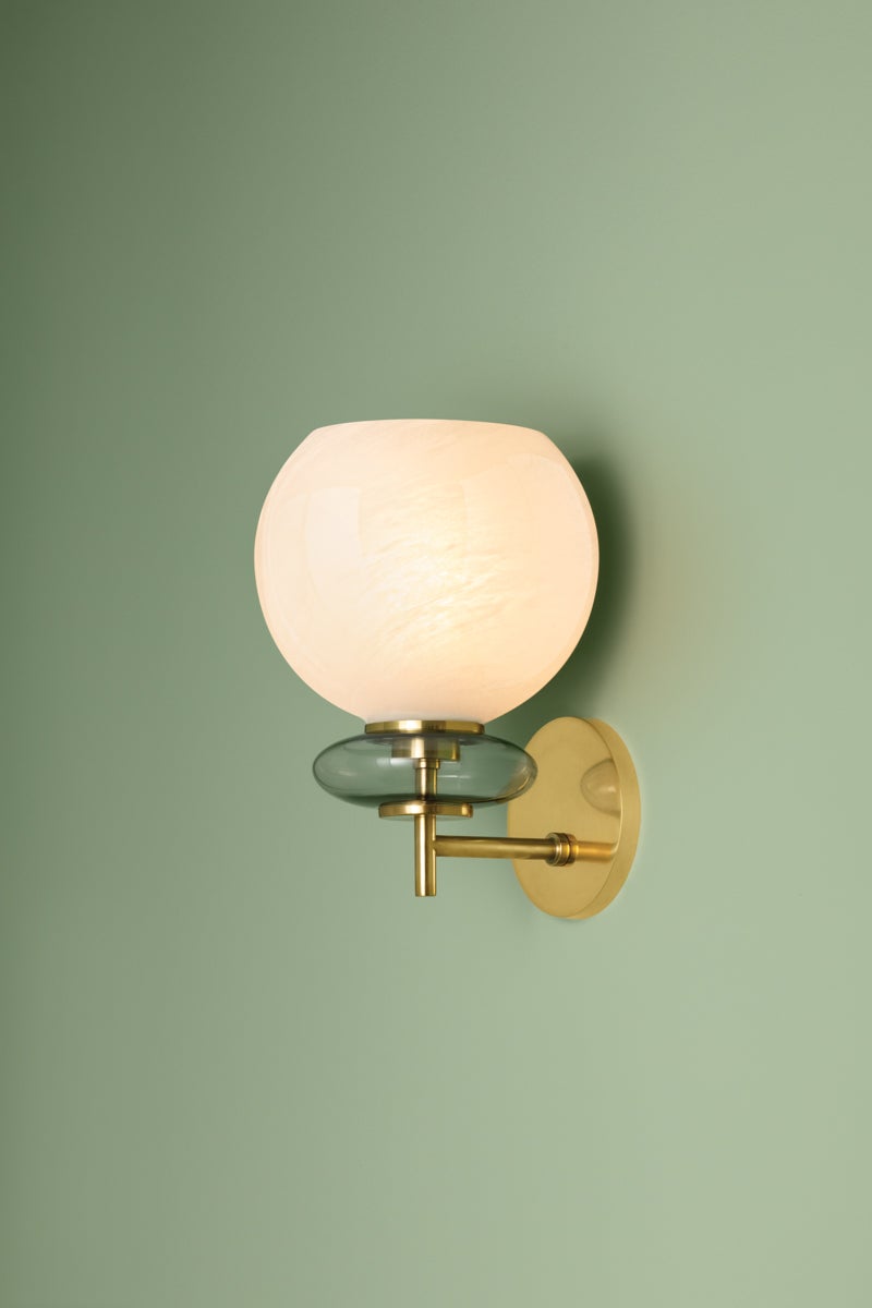 Mitzi Alexia Wall Sconce With Cloud Glass Orb And Iridescent Bubble In Lustrous Aged Brass Finish