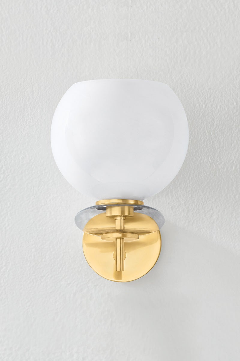 Mitzi Alexia Wall Sconce With Cloud Glass Orb And Iridescent Bubble In Lustrous Aged Brass Finish