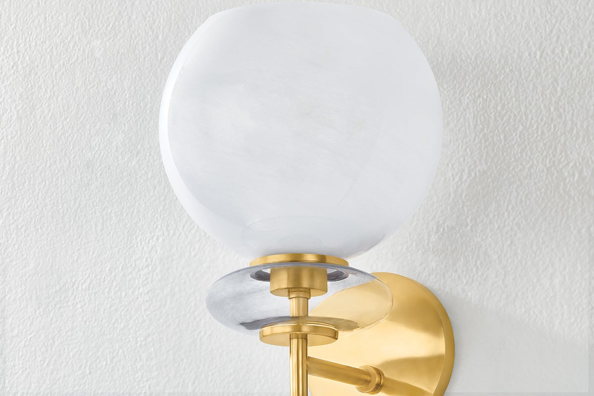 Mitzi Alexia Wall Sconce With Cloud Glass Orb And Iridescent Bubble In Lustrous Aged Brass Finish