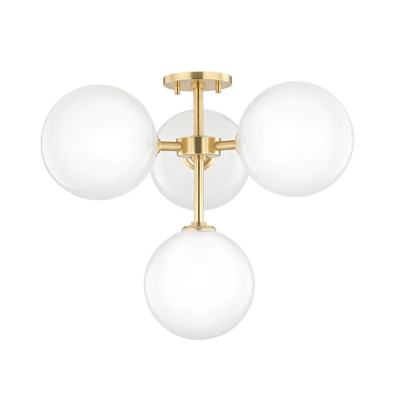 Mitzi-Ashleigh Semi-Flush Ceiling Light With Opal Matte Glass Globes In Aged Brass Or Polished Nickel Finishes