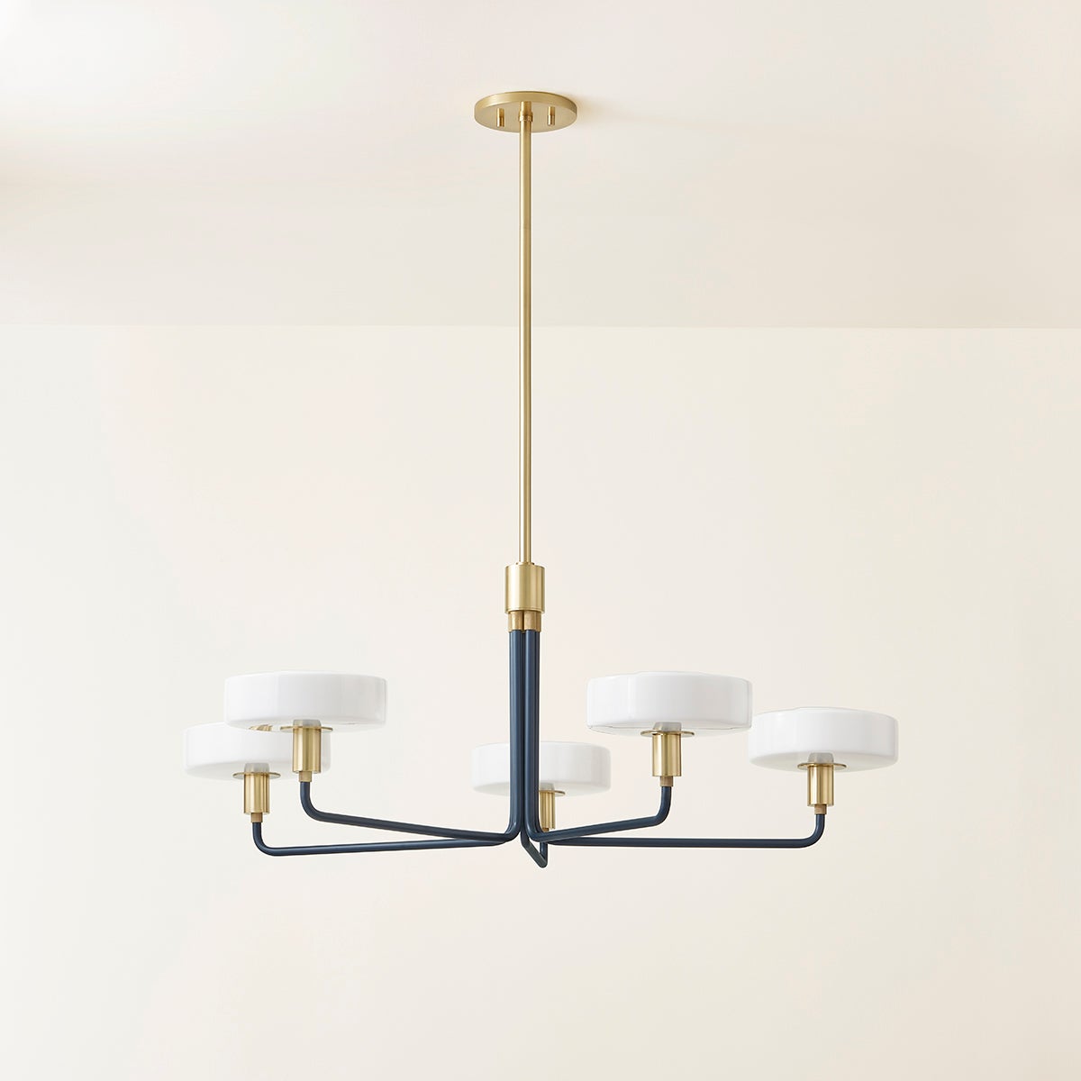 Mitzi Aston Chandelier - 5 Light Slate Blue Opal Glass Shades with Aged Brass Accents