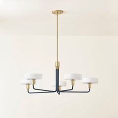 Mitzi Aston Chandelier - 5 Light Slate Blue Opal Glass Shades with Aged Brass Accents