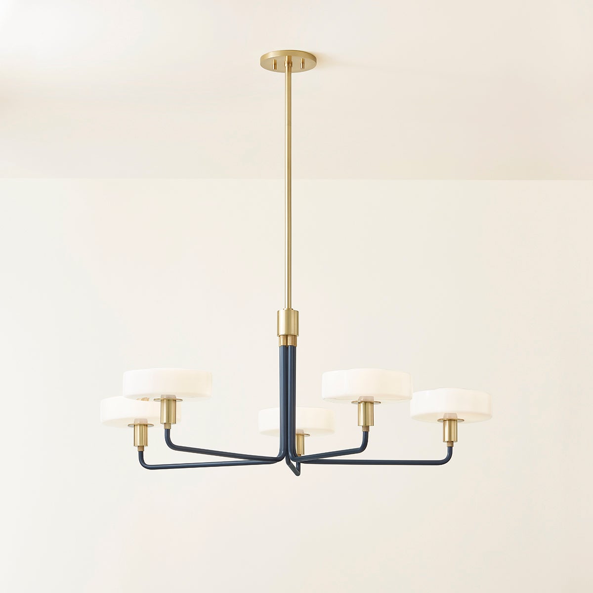 Mitzi Aston Chandelier - 5 Light Slate Blue Opal Glass Shades with Aged Brass Accents