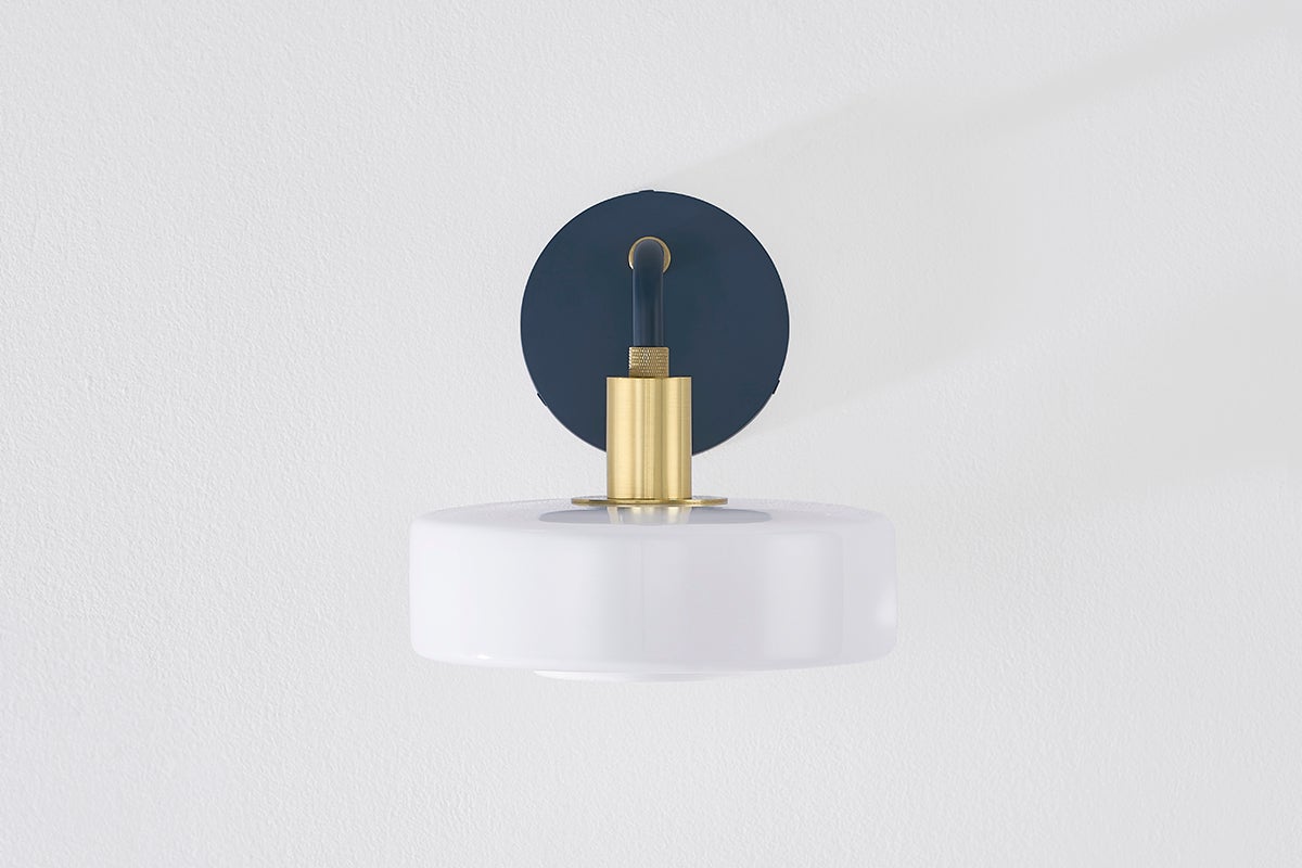 Mitzi-Aston Sconce - Sleek Geometry with Opal Shiny Glass Shade and Aged Brass Accents