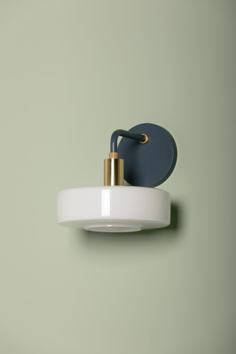 Mitzi-Aston Sconce - Sleek Geometry with Opal Shiny Glass Shade and Aged Brass Accents