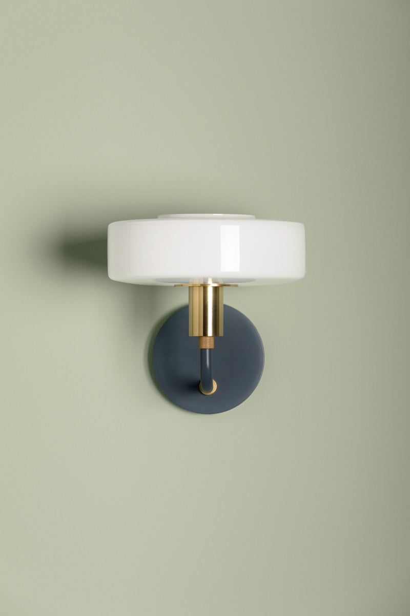 Mitzi-Aston Sconce - Sleek Geometry with Opal Shiny Glass Shade and Aged Brass Accents