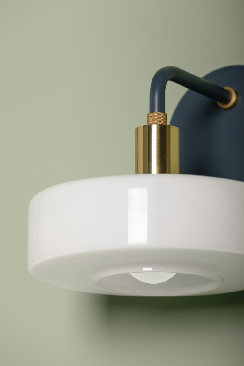 Mitzi-Aston Sconce - Sleek Geometry with Opal Shiny Glass Shade and Aged Brass Accents