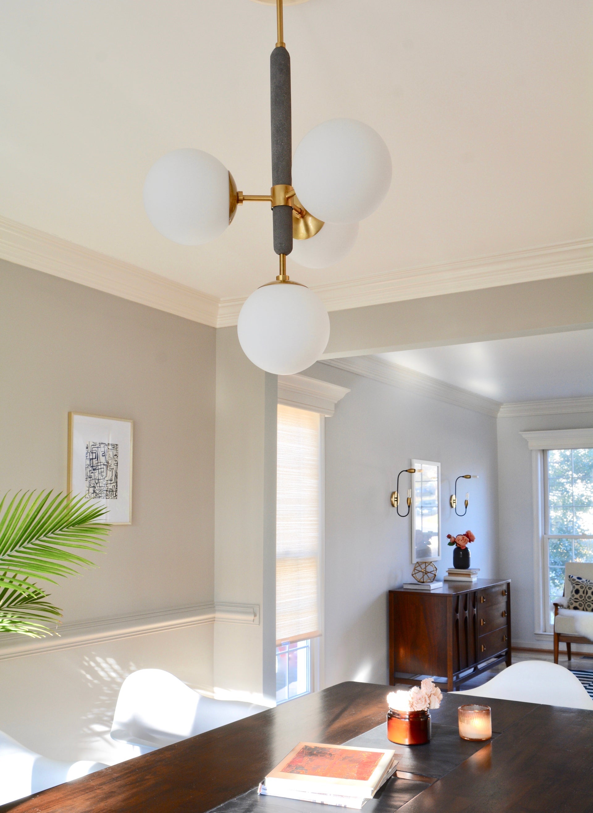 Mitzi-Brielle Chandelier - Mid-Century Vintage Design with 4 Opal Etched Glass Globes in Aged Brass or Polished Nickel