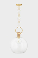 Mitzi-Catrine Aged Brass Pendant Light With Large Globe And Grass Cloth Accent