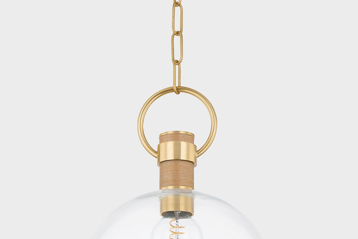 Mitzi-Catrine Aged Brass Pendant Light With Large Globe And Grass Cloth Accent