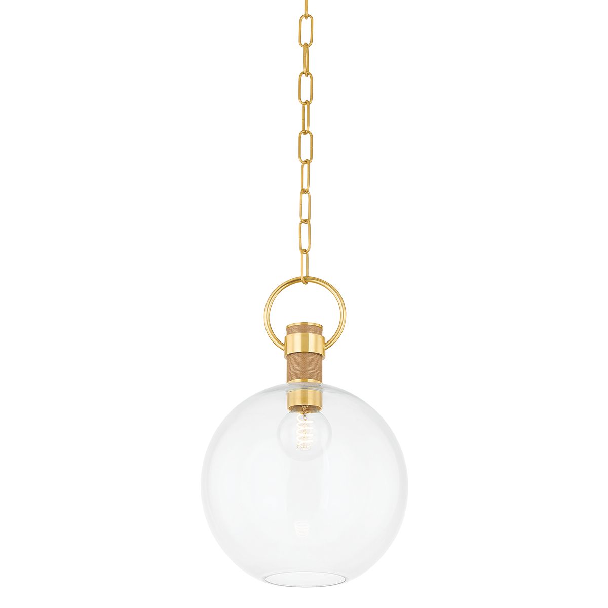 Mitzi-Catrine Aged Brass Pendant Light With Large Globe And Grass Cloth Accent