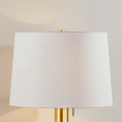 Mitzi Clarissa Table Lamp with Burl Wood Veneer Body, Aged Brass Neck, and White Linen Shade