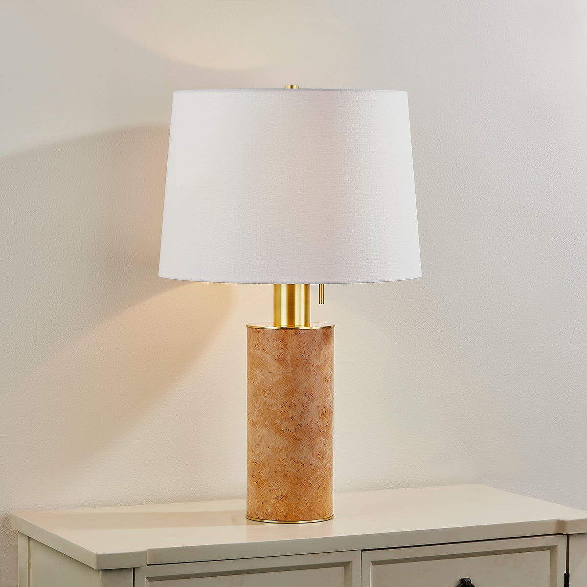 Mitzi Clarissa Table Lamp with Burl Wood Veneer Body, Aged Brass Neck, and White Linen Shade