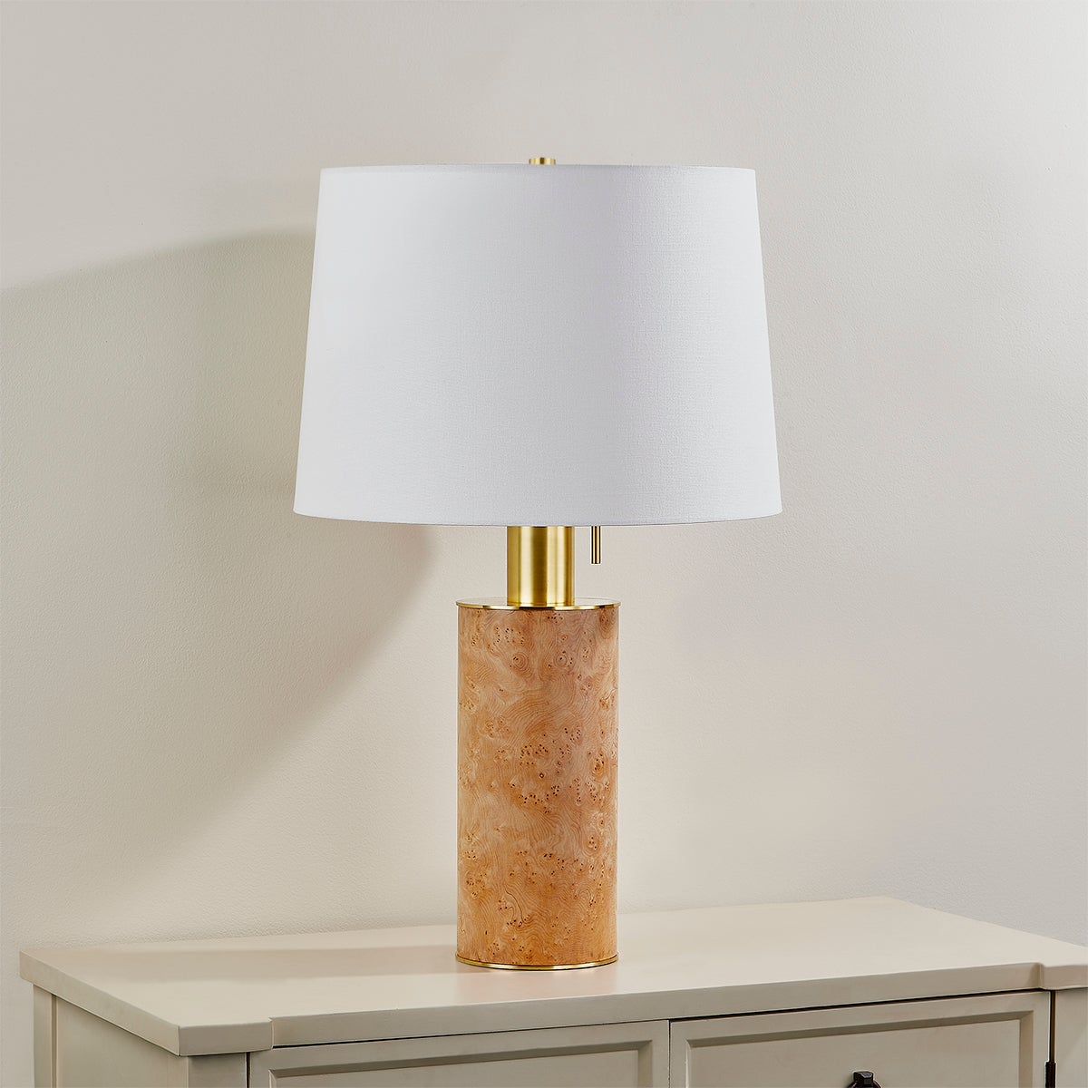 Mitzi Clarissa Table Lamp with Burl Wood Veneer Body, Aged Brass Neck, and White Linen Shade