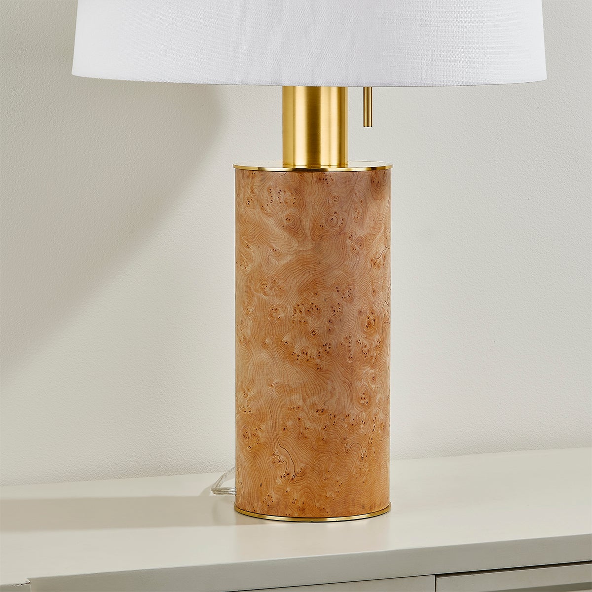 Mitzi Clarissa Table Lamp with Burl Wood Veneer Body, Aged Brass Neck, and White Linen Shade