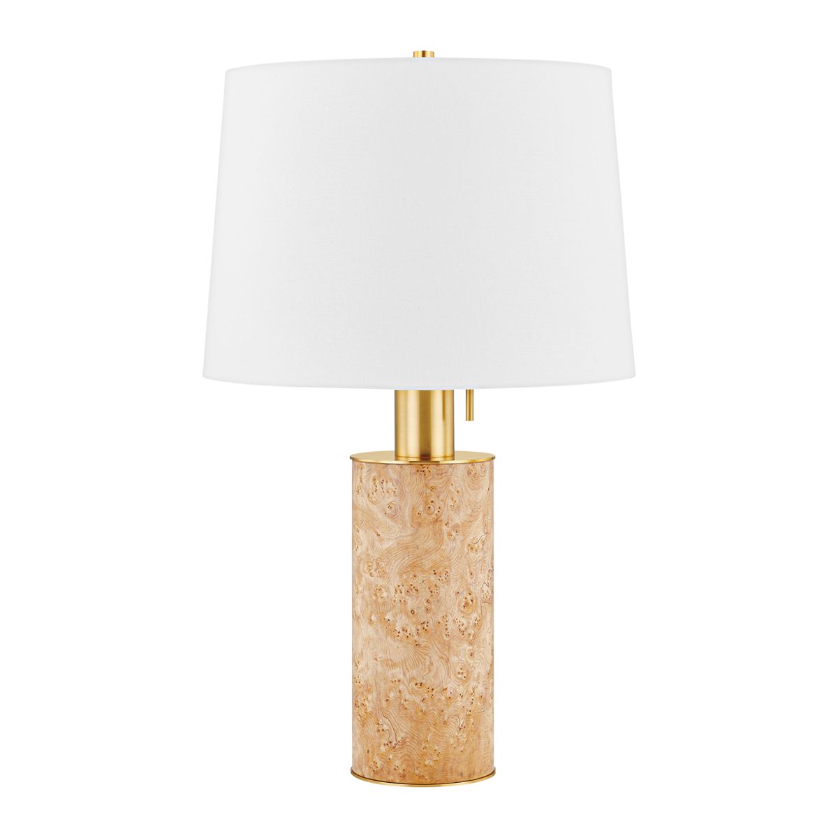 Mitzi Clarissa Table Lamp with Burl Wood Veneer Body, Aged Brass Neck, and White Linen Shade