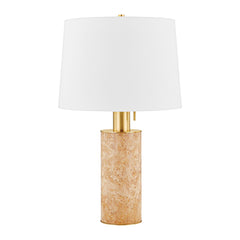 Mitzi Clarissa Table Lamp with Burl Wood Veneer Body, Aged Brass Neck, and White Linen Shade