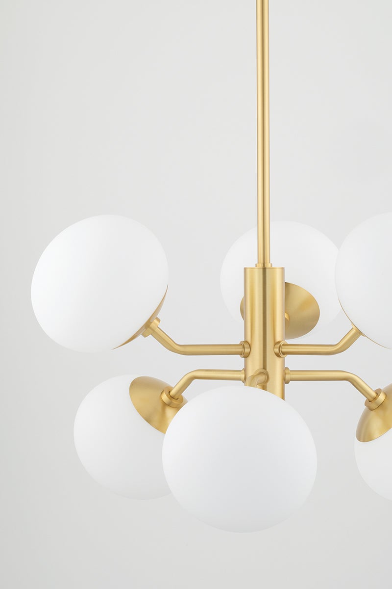 Mitzi Estee Chandelier with 6 White Glass Shades and Aged Brass Finish - Elegant Illumination for Any Space