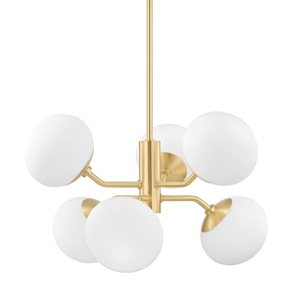 Mitzi Estee Chandelier with 6 White Glass Shades and Aged Brass Finish - Elegant Illumination for Any Space