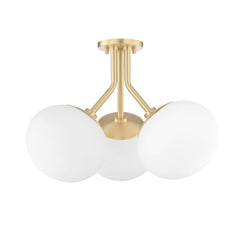 Mitzi-Estee Semi-Flush Ceiling Light with 3 Curved Metal Arms and Opal Etched Glass Shades in Brass or Nickel