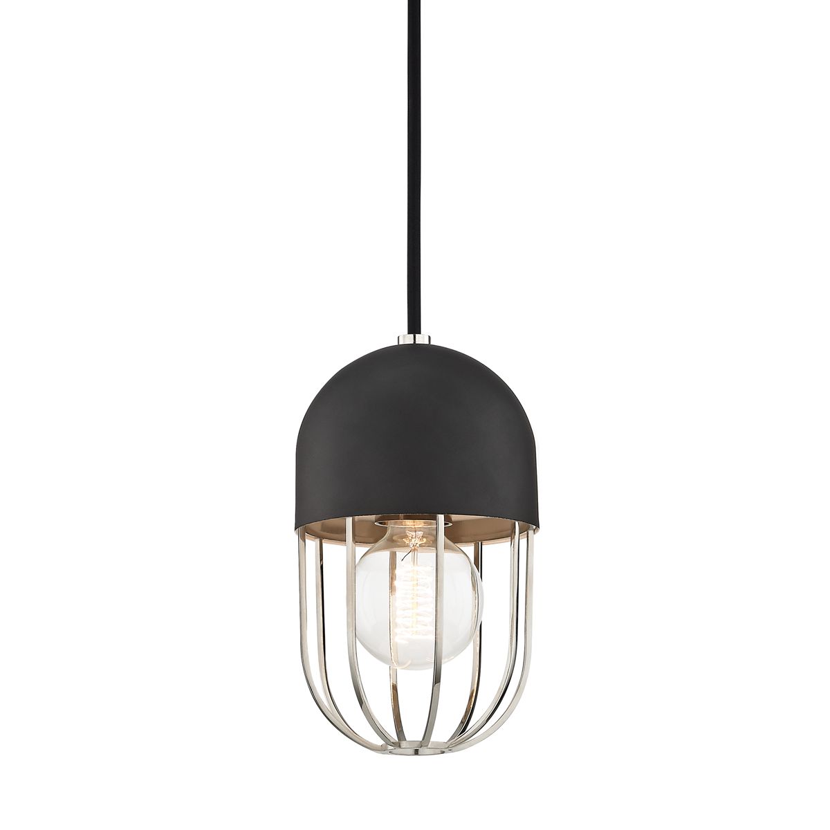 Mitzi-Haley Pendant Light in Glossy Metal Cage Design with Black Dome Cover and Aged Brass or Polished Nickel Finishes