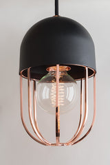 Mitzi-Haley Pendant Light in Glossy Metal Cage Design with Black Dome Cover and Aged Brass or Polished Nickel Finishes