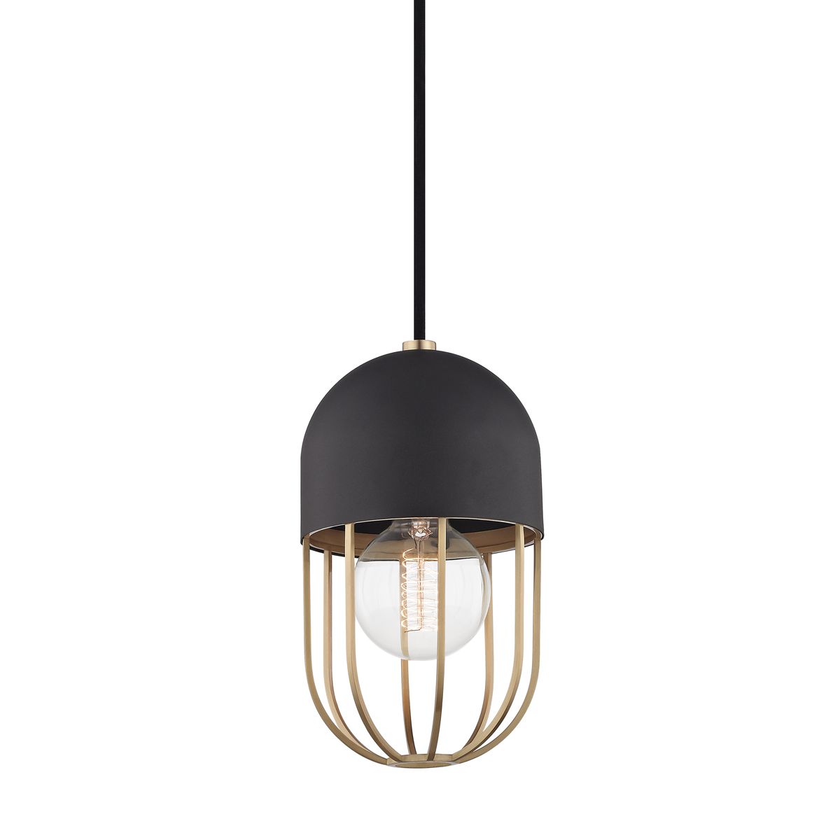 Mitzi-Haley Pendant Light in Glossy Metal Cage Design with Black Dome Cover and Aged Brass or Polished Nickel Finishes