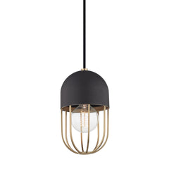 Mitzi-Haley Pendant Light in Glossy Metal Cage Design with Black Dome Cover and Aged Brass or Polished Nickel Finishes