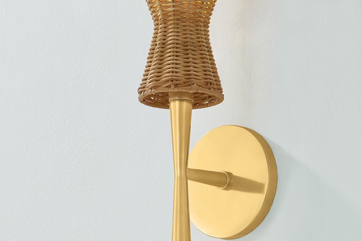 Mitzi Honey Wall Sconce - Handmade Wicker Design with Aged Brass Stem, Mid-Century Modern Accent Light