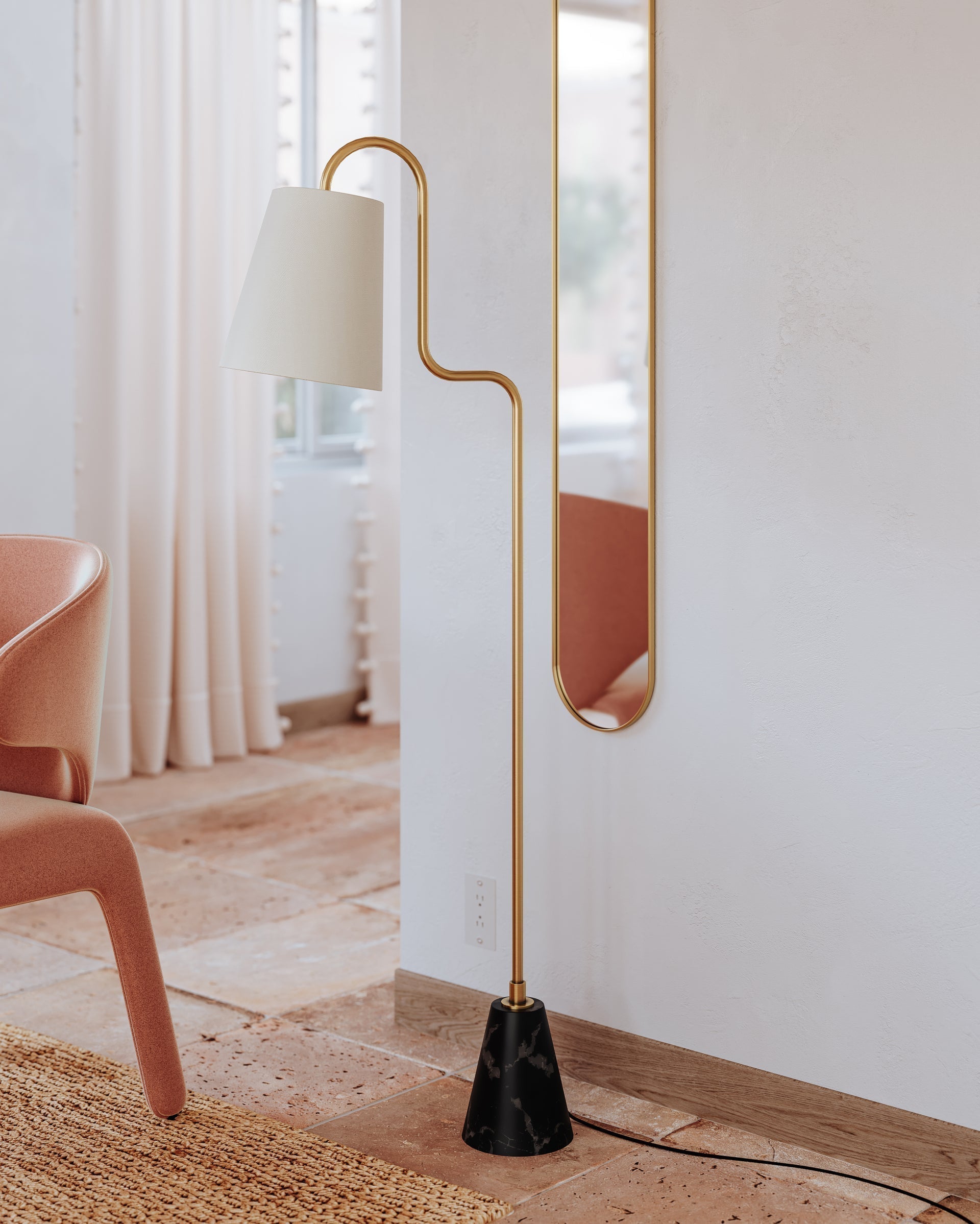 Mitzi-Jaimee Floor Lamp - Unique Modern Design with Swooping Arm and White Linen Shade on Marble Base