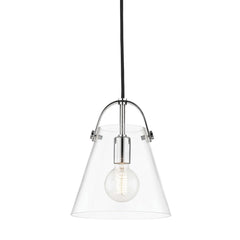 Mitzi Karin Mini Pendant Light with Clear Glass Shade and Glossy Metal Strap Holder in Aged Brass or Polished Nickel