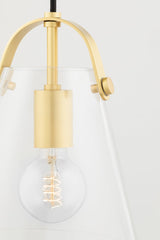 Mitzi Karin Mini Pendant Light with Clear Glass Shade and Glossy Metal Strap Holder in Aged Brass or Polished Nickel